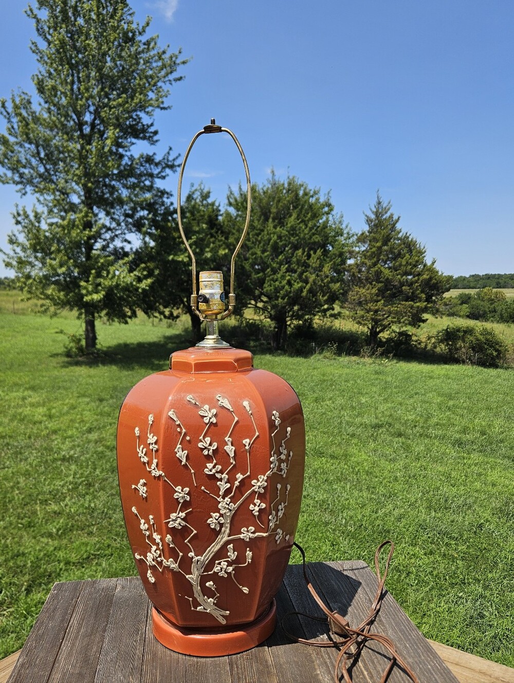 VTG Chinoiserie Hollywood Regency Ginger Jar Lamp Orange Raised Flower Cherry Bl
